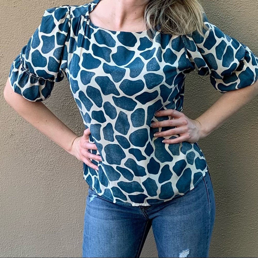 Blue Cow Print Ann Taylor Balloon Sleeve Blouse, Small